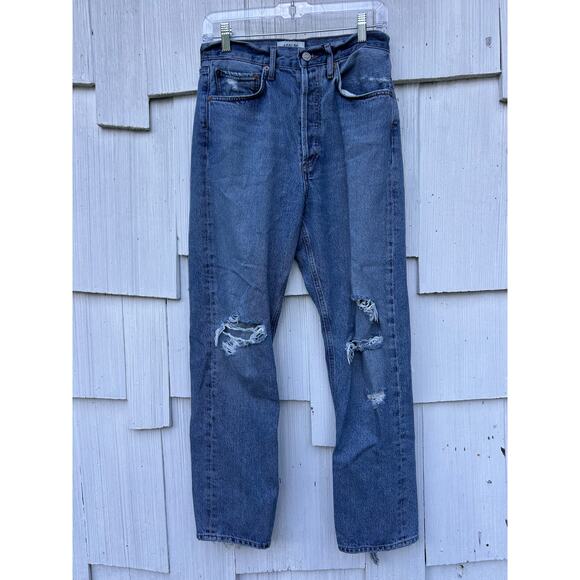 Agolde 90s Mid Rise Loose Fit Straight Leg Distressed Jeans Cotton Denim Size 25 - Picture 2 of 11